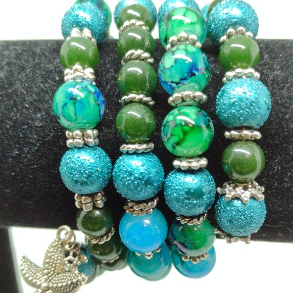 Dark Turquoise, Green and Emerald Aventurine 4 Row Memory Wire Bracelet - Picture 4 of 6